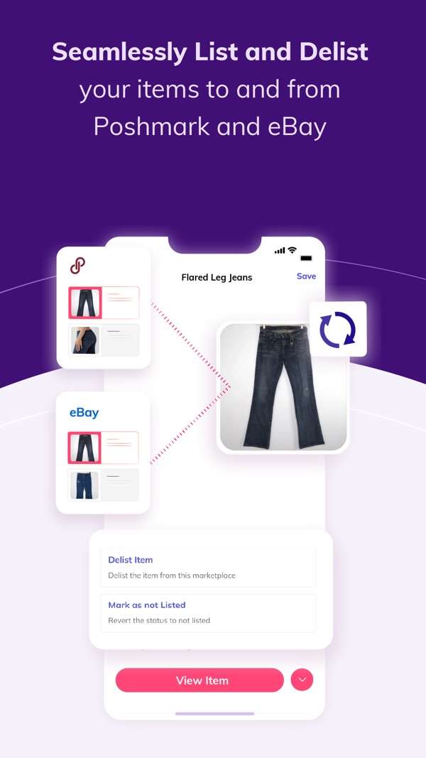Listing and delisting an item to Poshmark and eBay in Vendoo's mobile app