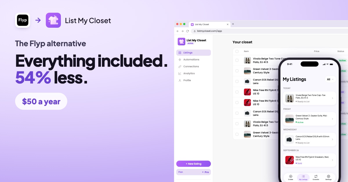 The Flyp alternative: everything included, 54% less, $50 a year. The List My Closet website and mobile app.