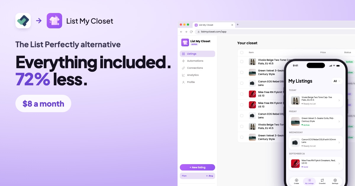 The List Perfectly alternative: everything included, 72% less, $8 a month. The List My Closet website and mobile app.