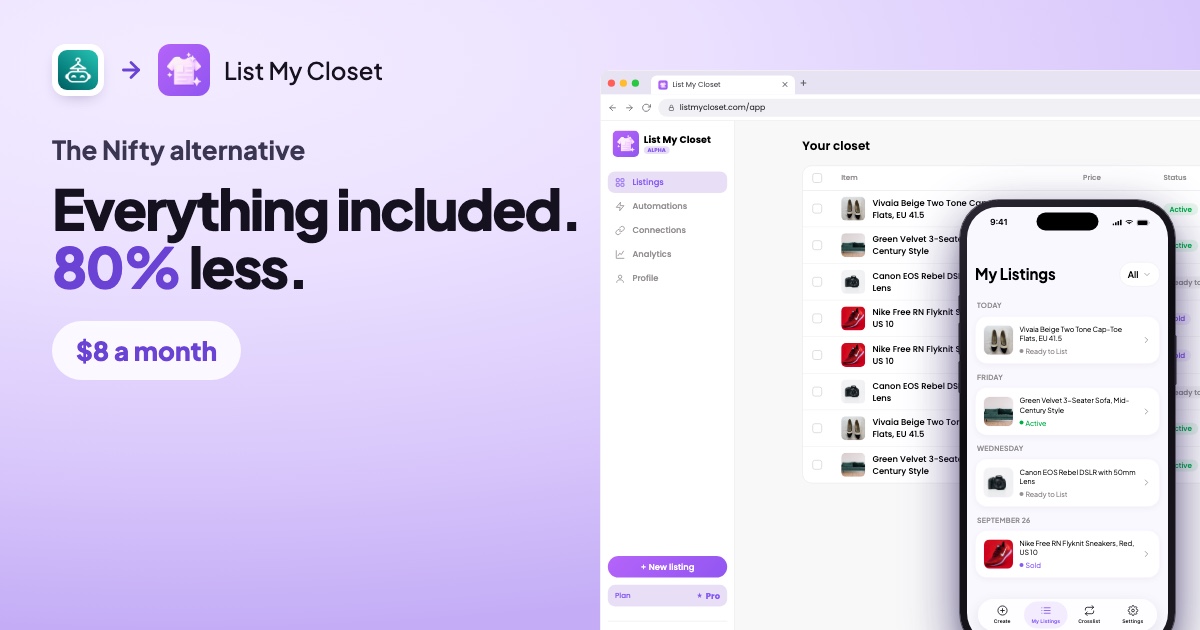 The Nifty alternative: everything included, 80% less, $8 a month. The List My Closet website and mobile app.